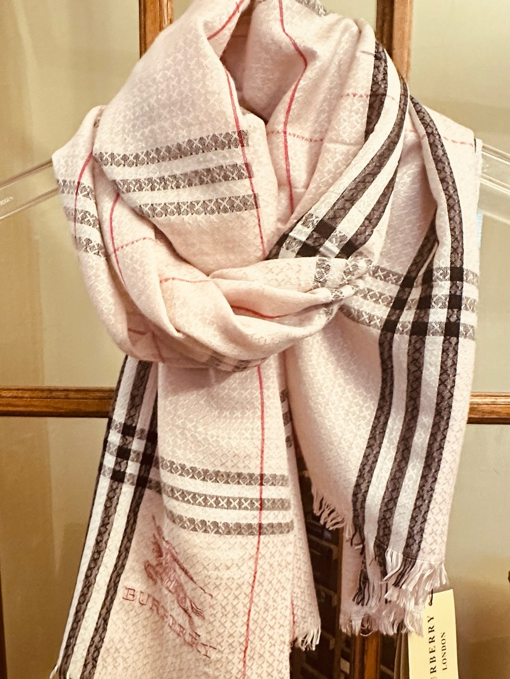 Burberry Pink Nova Check Plaid Cashmere Silk Scarf Eyelash Fringe 70"x28"